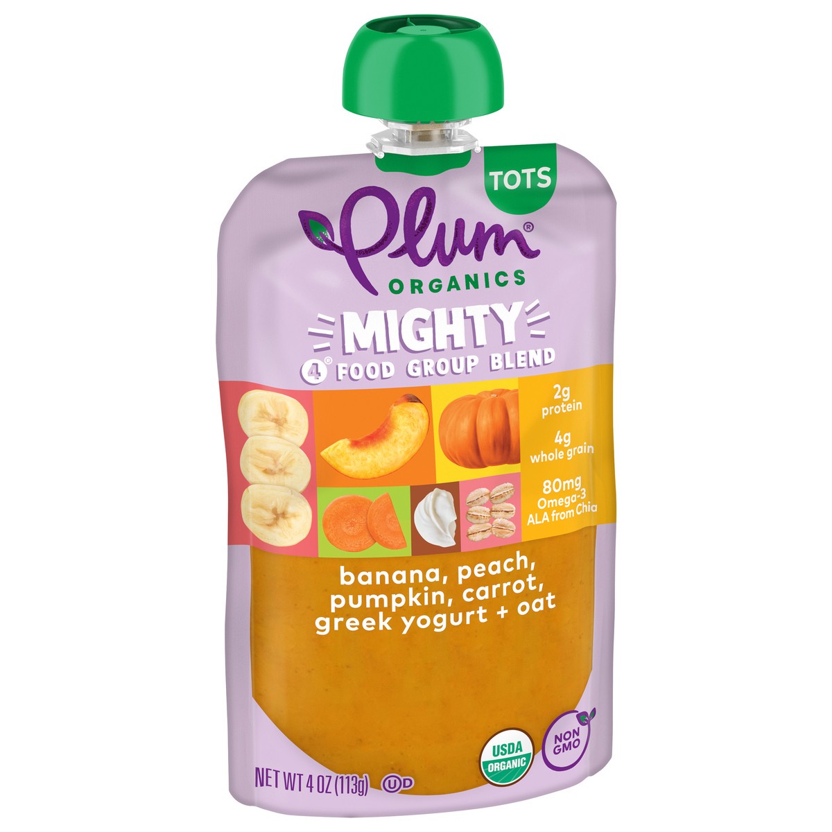 slide 4 of 9, Plum Organics Mighty 4 Food Group Blend Banana, Peach, Pumpkin, Carrot, Greek Yogurt + Oat 4oz Pouch, 4 oz