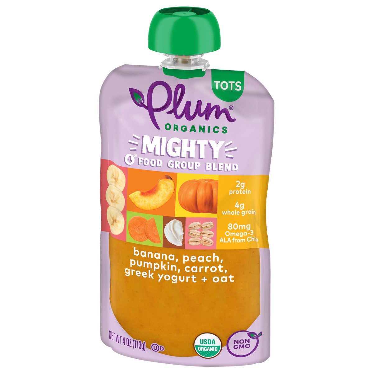 slide 7 of 9, Plum Organics Mighty 4 Food Group Blend Banana, Peach, Pumpkin, Carrot, Greek Yogurt + Oat 4oz Pouch, 4 oz