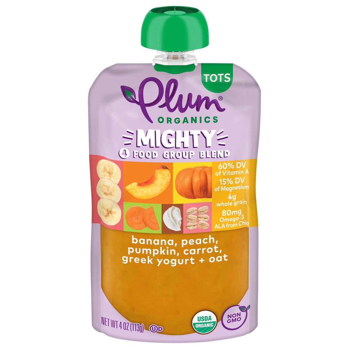 slide 1 of 9, Plum Organics Mighty 4 Food Group Blend Banana, Peach, Pumpkin, Carrot, Greek Yogurt + Oat 4oz Pouch, 4 oz