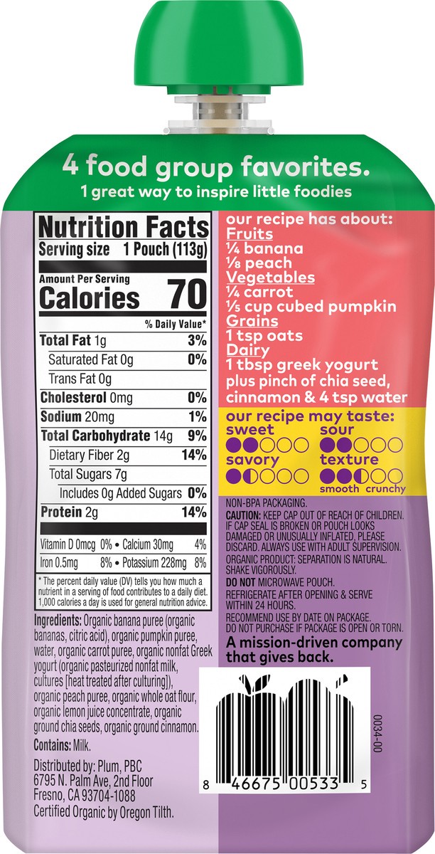 slide 5 of 9, Plum Organics Mighty 4 Food Group Blend Banana, Peach, Pumpkin, Carrot, Greek Yogurt + Oat 4oz Pouch, 4 oz