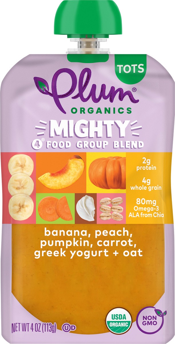 slide 9 of 9, Plum Organics Mighty 4 Food Group Blend Banana, Peach, Pumpkin, Carrot, Greek Yogurt + Oat 4oz Pouch, 4 oz