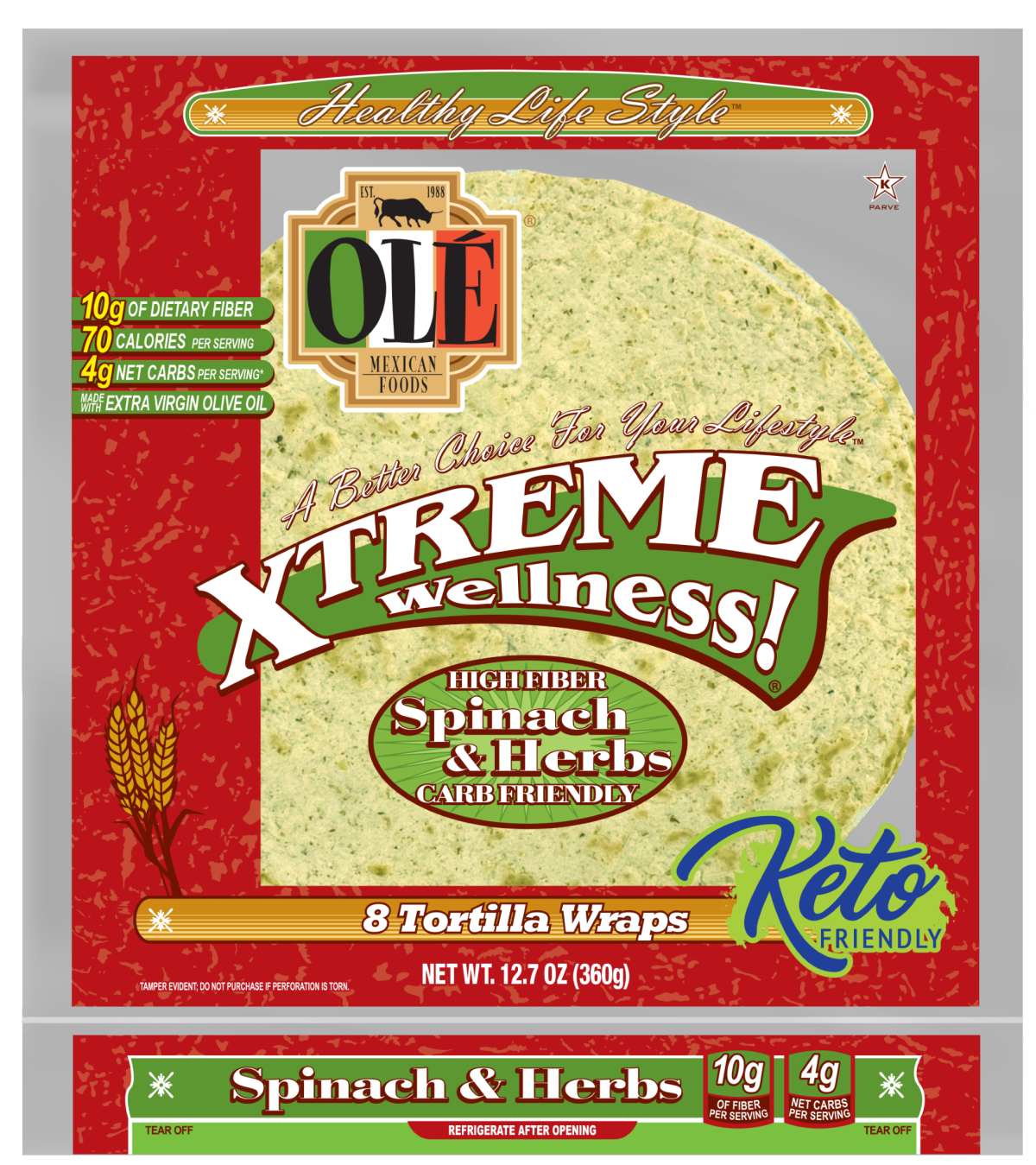 slide 1 of 9, Olé Mexican Foods Olé Xtreme Wellness Spinach & Herbs, 8" Low Carb Tortillas, Carb Lean, Keto Friendly, 8 ct