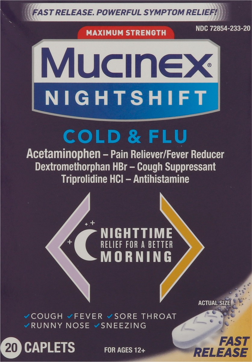 slide 9 of 9, Mucinex Nightshift Cold & Flu Maximum Strength Relief Caplets, 20 ct