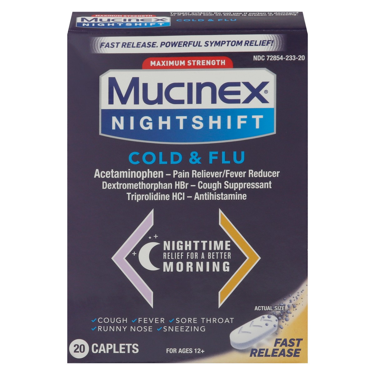 slide 1 of 9, Mucinex Nightshift Cold & Flu Maximum Strength Relief Caplets, 20 ct