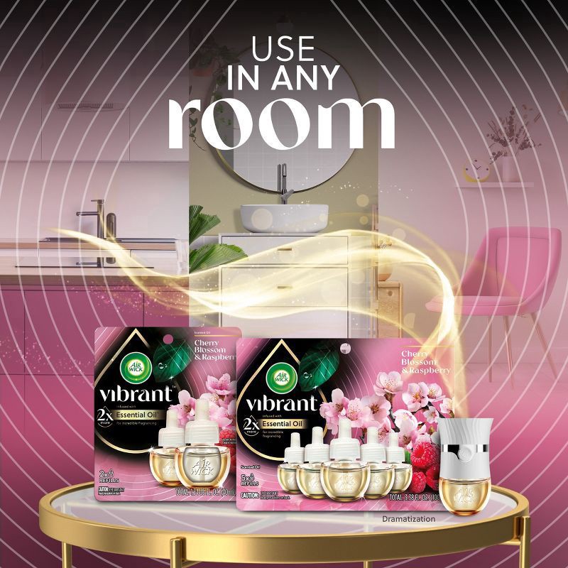 slide 5 of 6, Air Wick Vibrant Scented Oil Air Freshener - Cherry Blossom & Raspberry - 0.67 fl oz/2ct, 2 ct; 0.67 fl oz
