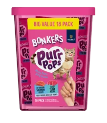 Bonkers Purr Pops Lip Smackin' Salmon Recipe/Tip Top Tuna Recipe Cat Treats Big Value 18 - 0.05 oz Packs