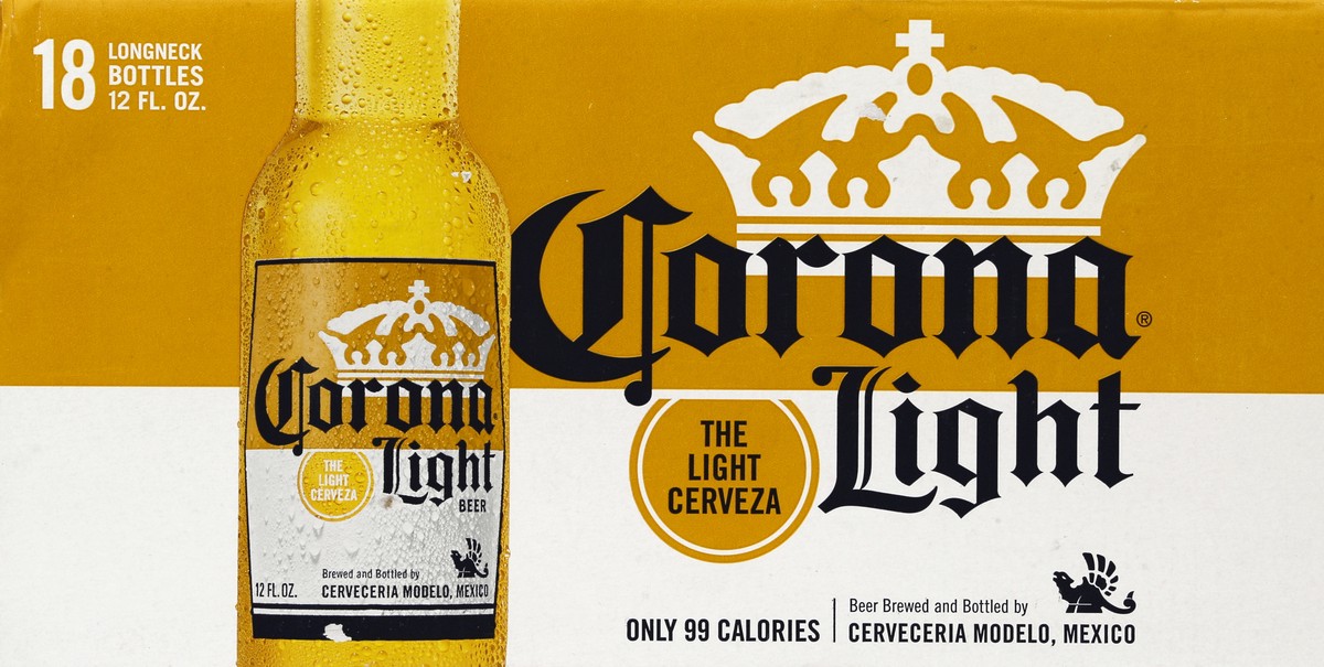 slide 5 of 7, Corona Light Mexican Lager Import Light Beer, 18 pk 12 fl oz Bottles, 4.0% ABV, 18 ct; 12 oz