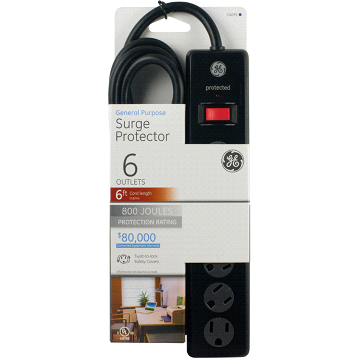 slide 1 of 2, GE Surge Protector, 6 Outlets, 6' Cord, 6 ft
