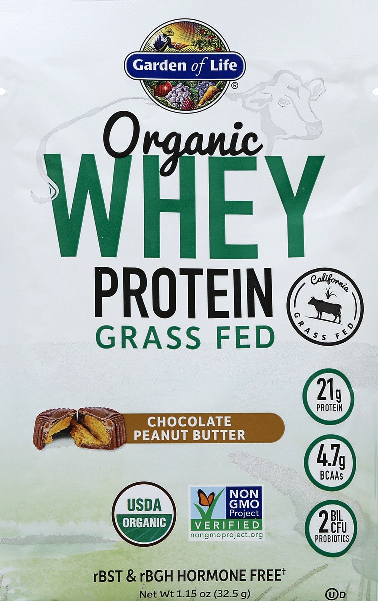 slide 2 of 2, Garden of Life Protein Whey Grass Fed Peanut Butter Chocolate Single Organic, 1.14 oz