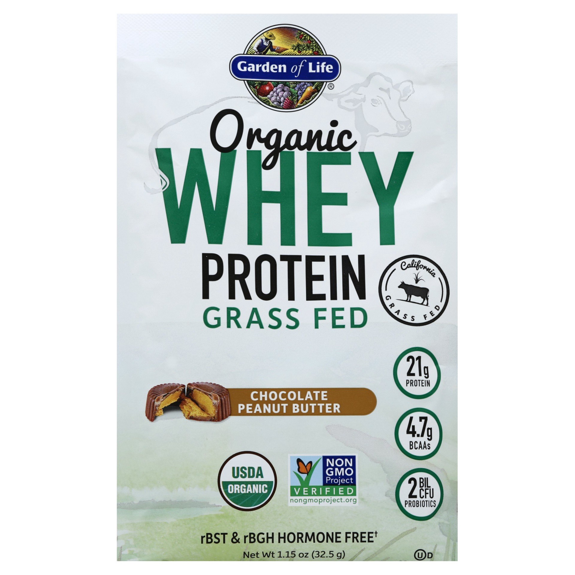 slide 1 of 2, Garden of Life Protein Whey Grass Fed Peanut Butter Chocolate Single Organic, 1.14 oz