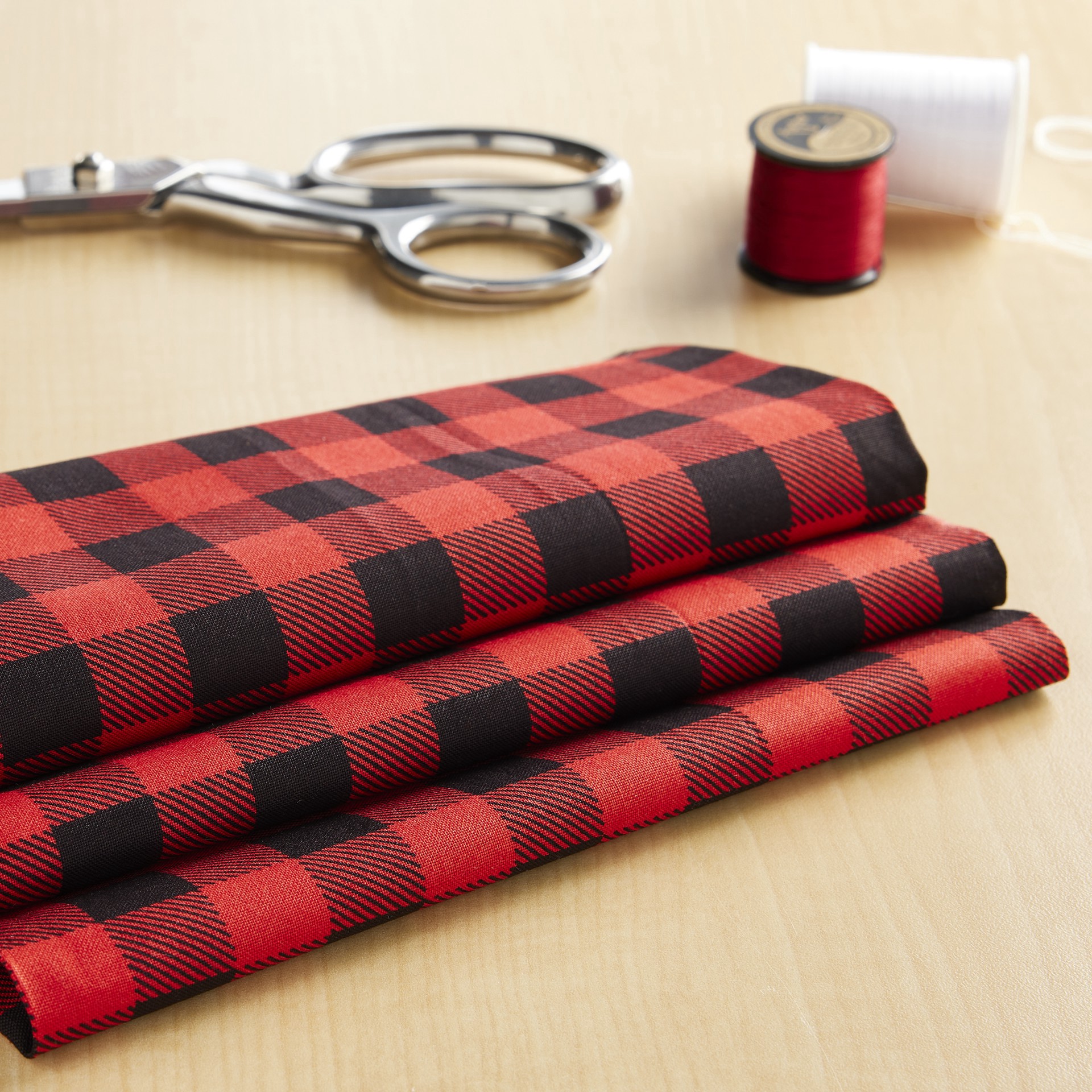 slide 2 of 3, Red & Black Buffalo Plaid Cotton Fabric By Loops & Threads, 18 in x 21 in
