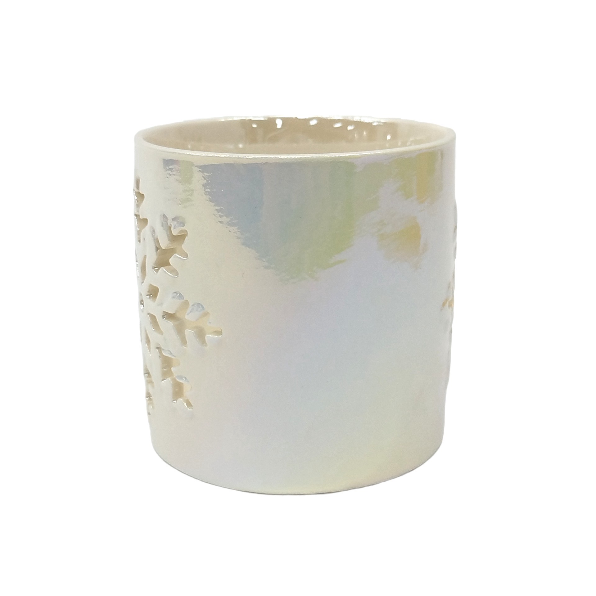 slide 2 of 2, 3.5" White Iridescent Snowflake Ceramic Candle Holder By Ashland, 3.5 in x 3.5 in x 3.54 in