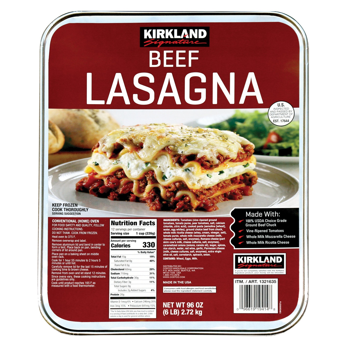 slide 1 of 1, Kirkland Signature Beef Lasagna, 