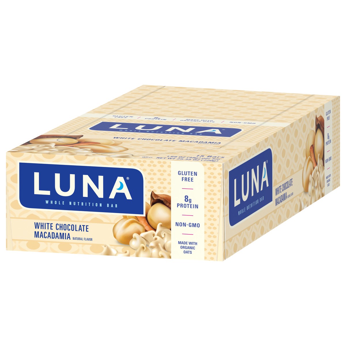 slide 3 of 9, LUNA Bar - White Chocolate Macadamia Flavor - Gluten-Free - Non-GMO - 7-9g Protein - Made with Organic Oats - Low Glycemic - Whole Nutrition Snack Bars - 1.69 oz. (15 Count), 25.35 oz
