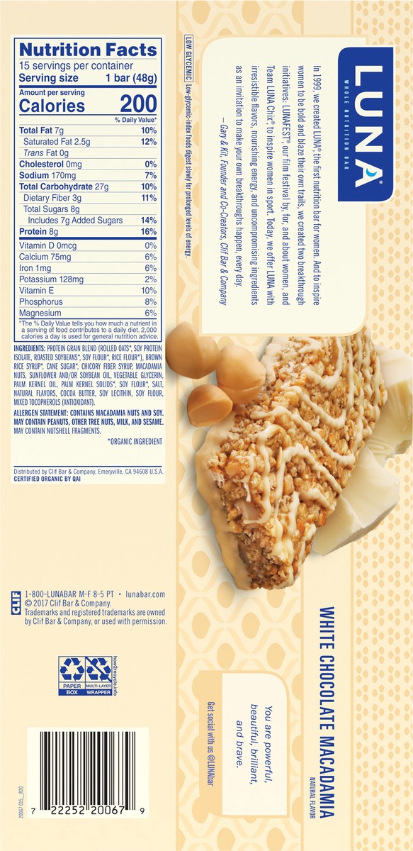 slide 4 of 9, LUNA Bar - White Chocolate Macadamia Flavor - Gluten-Free - Non-GMO - 7-9g Protein - Made with Organic Oats - Low Glycemic - Whole Nutrition Snack Bars - 1.69 oz. (15 Count), 25.35 oz