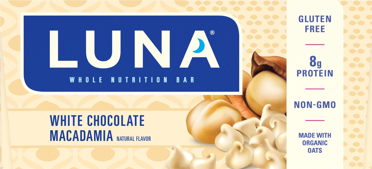 slide 6 of 9, LUNA Bar - White Chocolate Macadamia Flavor - Gluten-Free - Non-GMO - 7-9g Protein - Made with Organic Oats - Low Glycemic - Whole Nutrition Snack Bars - 1.69 oz. (15 Count), 25.35 oz