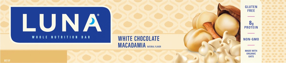 slide 7 of 9, LUNA Bar - White Chocolate Macadamia Flavor - Gluten-Free - Non-GMO - 7-9g Protein - Made with Organic Oats - Low Glycemic - Whole Nutrition Snack Bars - 1.69 oz. (15 Count), 25.35 oz