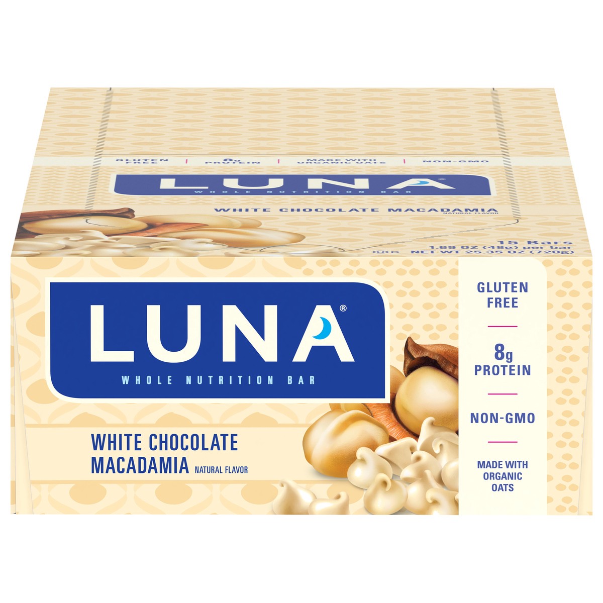 slide 1 of 9, LUNA Bar - White Chocolate Macadamia Flavor - Gluten-Free - Non-GMO - 7-9g Protein - Made with Organic Oats - Low Glycemic - Whole Nutrition Snack Bars - 1.69 oz. (15 Count), 25.35 oz