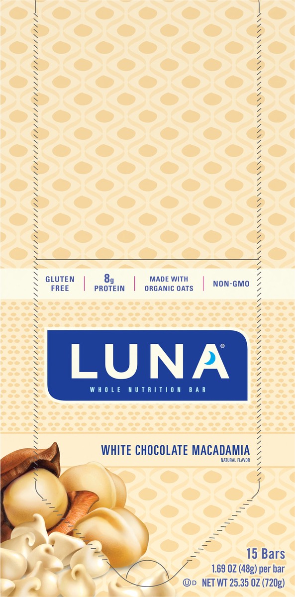 slide 9 of 9, LUNA Bar - White Chocolate Macadamia Flavor - Gluten-Free - Non-GMO - 7-9g Protein - Made with Organic Oats - Low Glycemic - Whole Nutrition Snack Bars - 1.69 oz. (15 Count), 25.35 oz