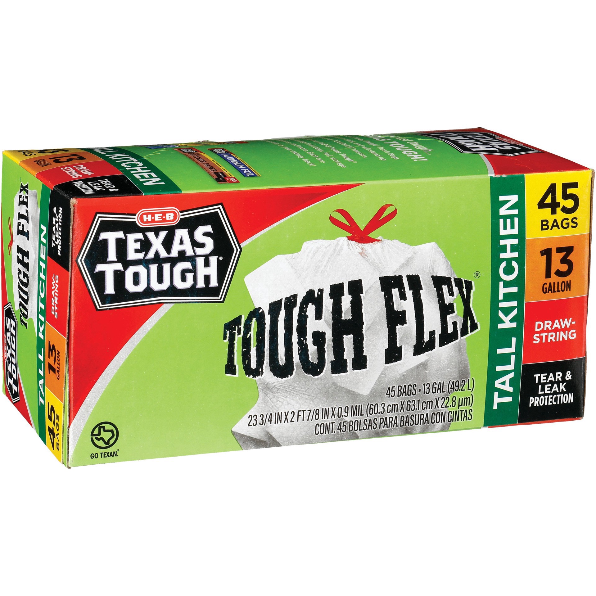 slide 1 of 1, H-E-B Texas Tough Flex Drawstring Tall Kitchen 13 Gallon Trash Bags, 45 ct