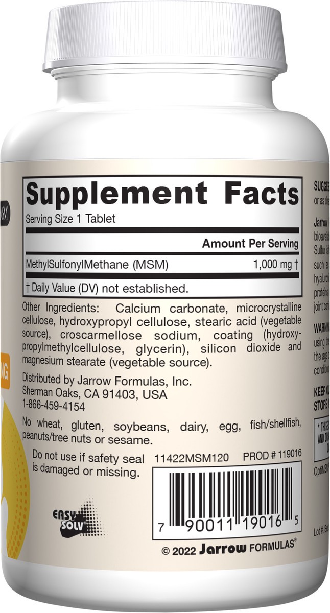 slide 2 of 5, Jarrow Formulas MSM 1000 mg - 120 Tablets - Methylsulfonylmethane - Source of Sulfur - Dietary Supplement Supports & Strengthens Joints - Up to 120 Servings (PACKAGING MAY VARY), 120 ct
