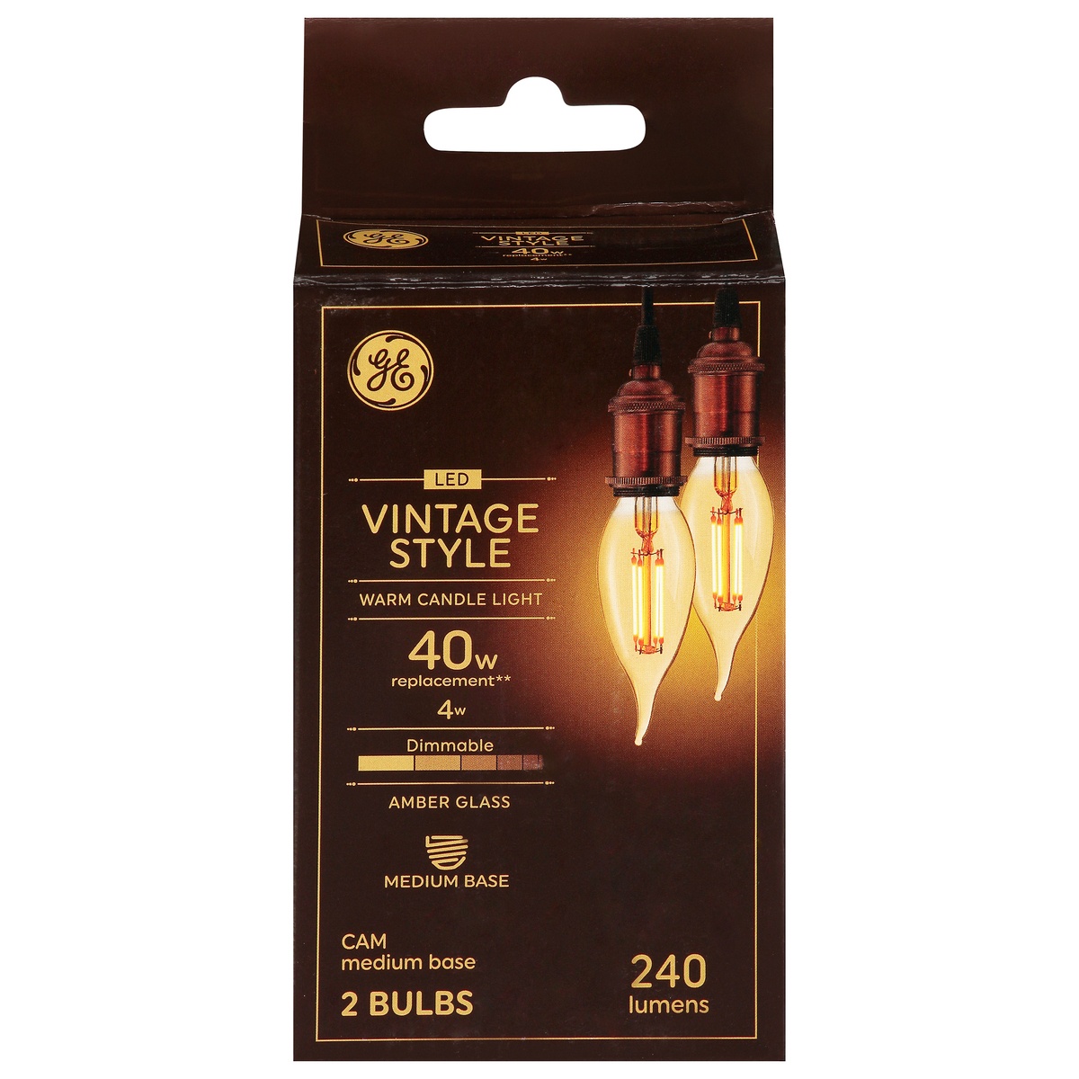slide 1 of 1, GE 4 Watts Vintage Style Warm Candle Light Amber Glass LED Light Bulbs 2 ea, 2 ct