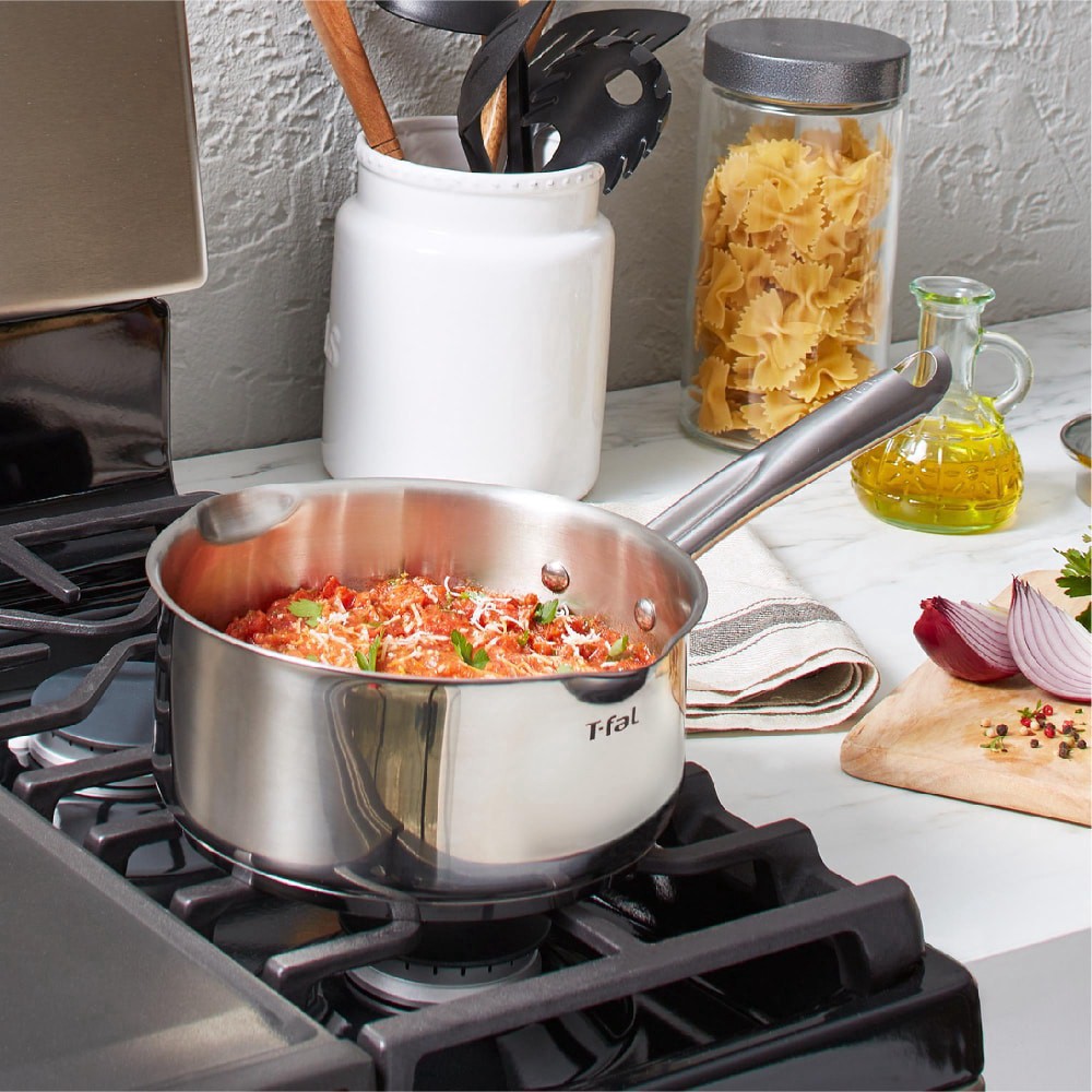 slide 4 of 6, T-Fal Cook & Strain Stainless Steel Saucepan, 3 qt