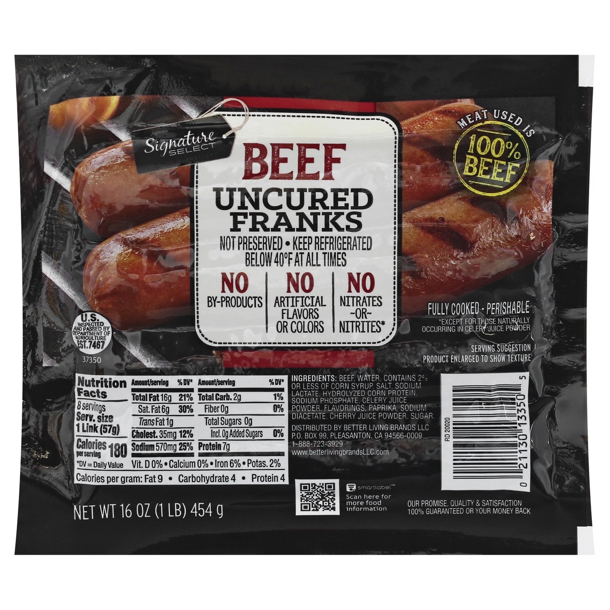 slide 1 of 1, Signature Select Franks Uncured Beef - 16 Oz, 16 oz