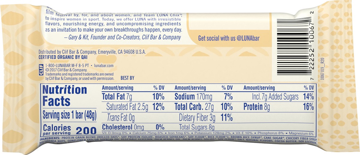 slide 7 of 9, LUNA Bar - White Chocolate Macadamia Flavor - Snack Bars - Non-GMO - Gluten-Free Protein Bars - Made with Organic Oats (1 Count), 1.69 oz