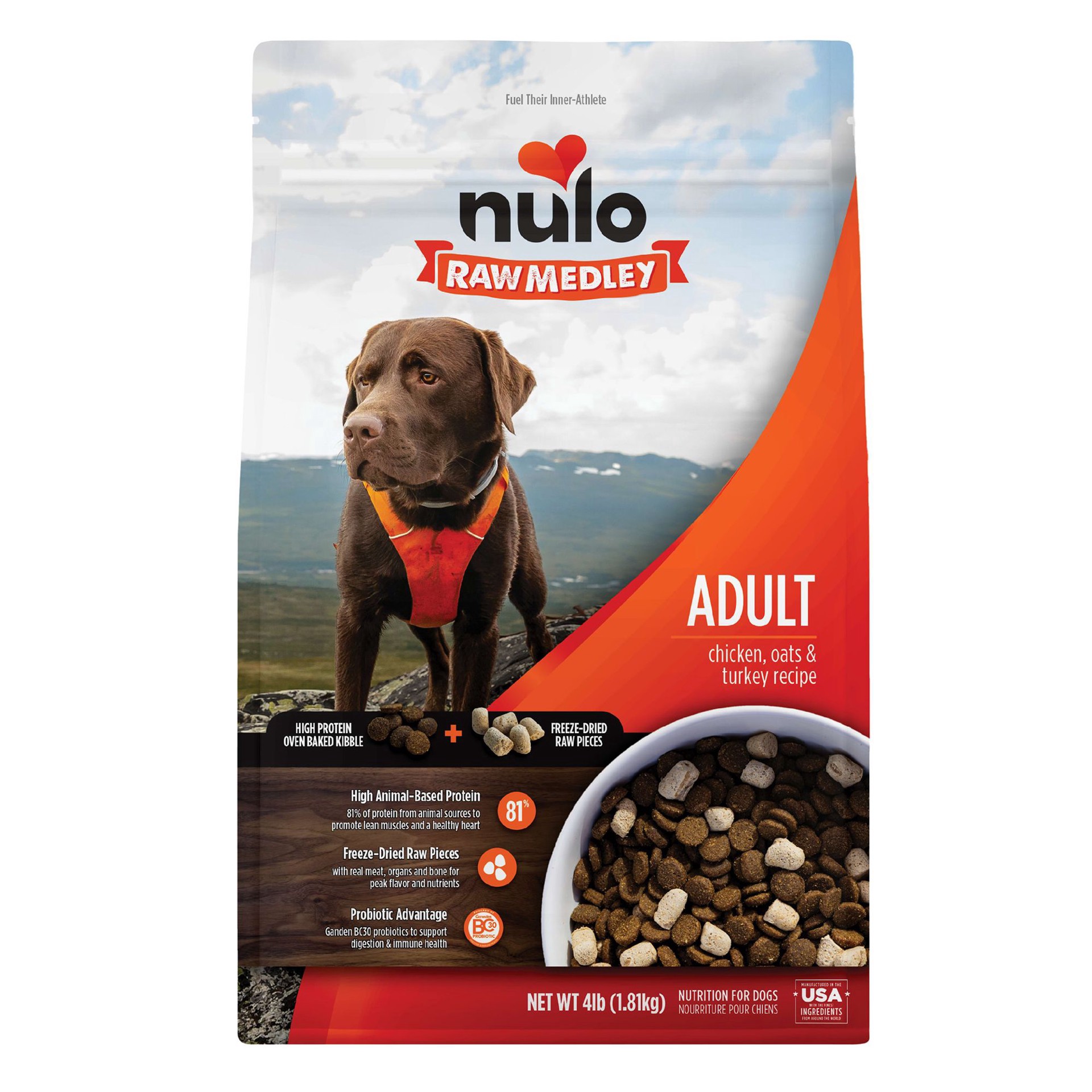 slide 1 of 1, Nulo Raw Medley Adult Dog Food - Kibble Plus Freeze Dried Pieces, Chicken, Oats & Turkey, 4 lb