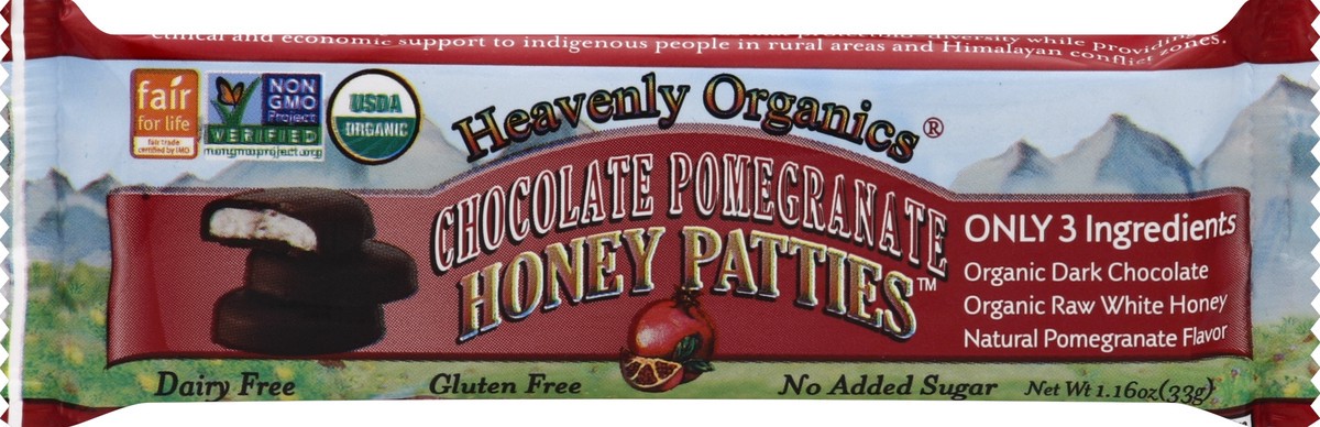 slide 3 of 5, Heavenly Organics Chocolate Pomegranate Honey Patties, 1.2 oz