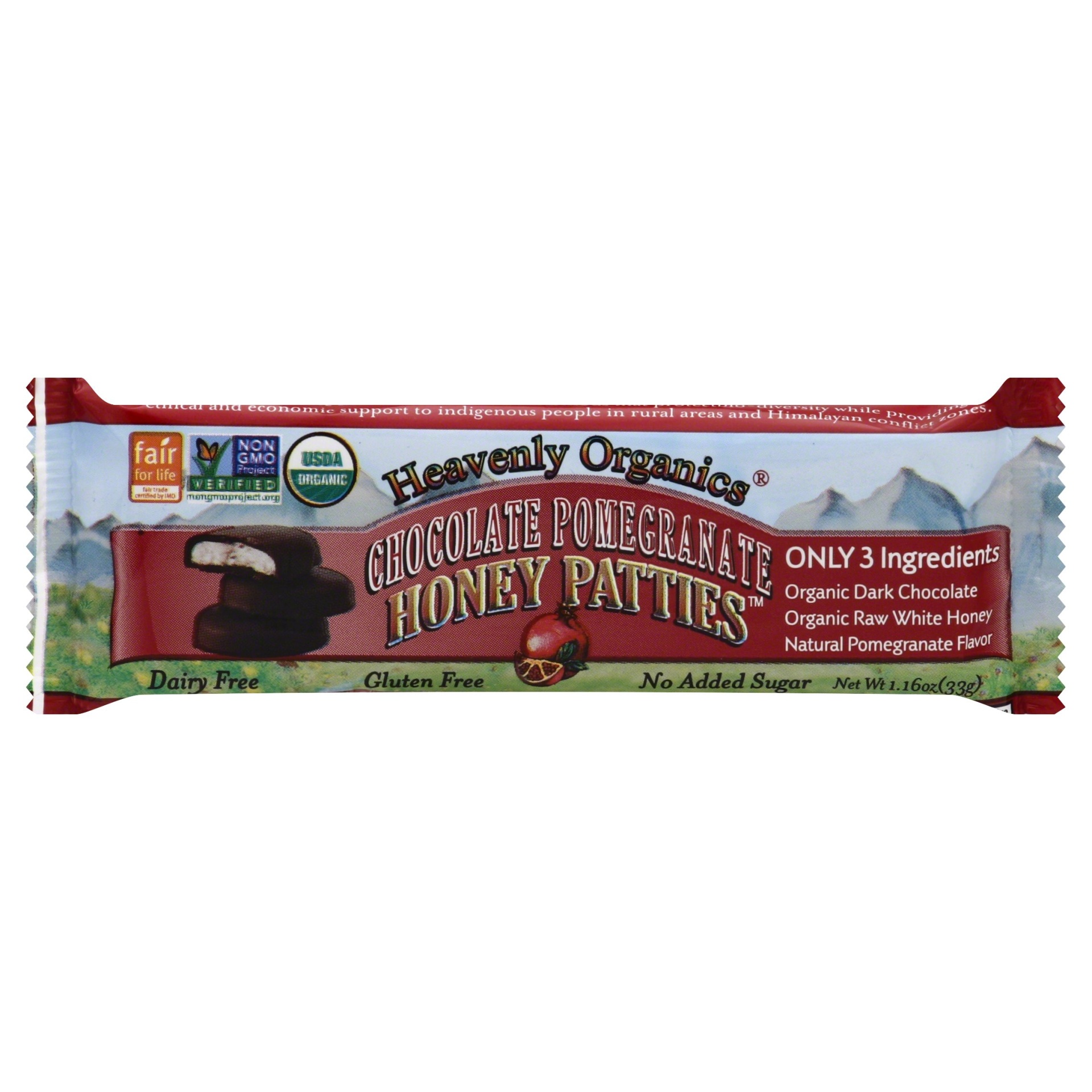 slide 1 of 5, Heavenly Organics Chocolate Pomegranate Honey Patties, 1.2 oz