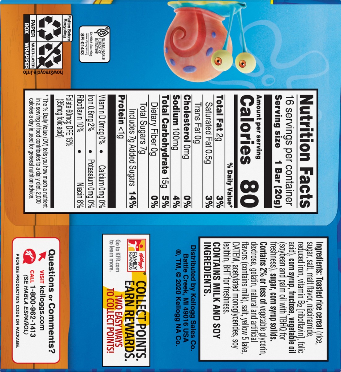 slide 4 of 8, Kellogg's Rice Krispies Treats SpongeBob SquarePants Marshmallow Snack Bars, Original, 16 Ct, 11.2 Oz, Box, 11.2 oz