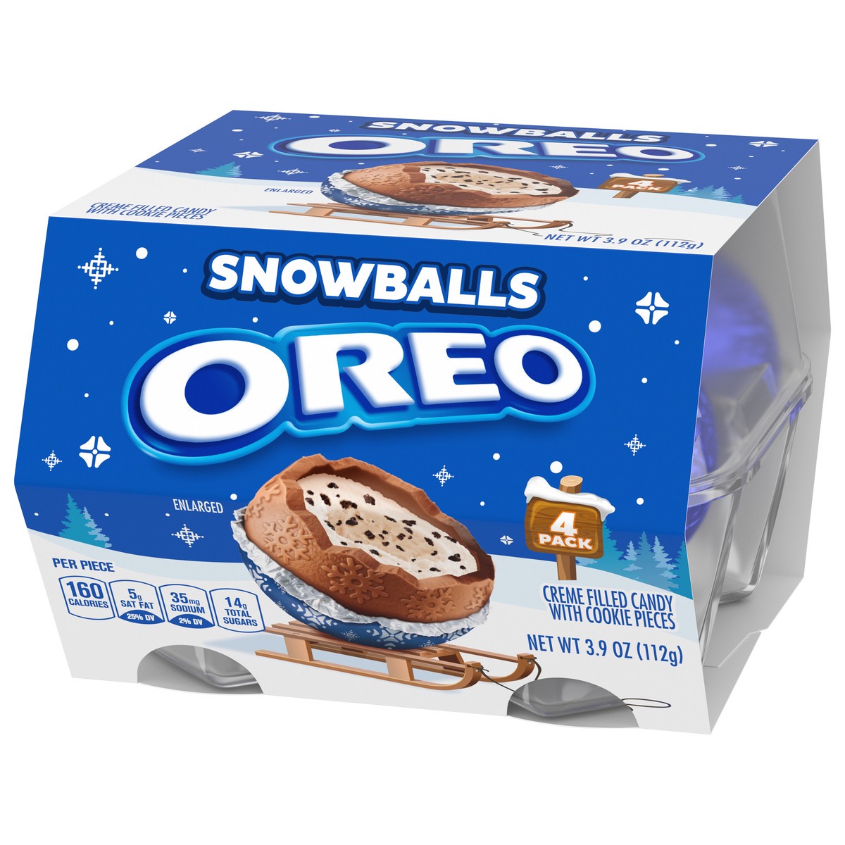 slide 3 of 9, OREO Chocolate Snowballs, Creme Filled Holiday Candy with Cookie Pieces, 4 Pack, 3.95 oz