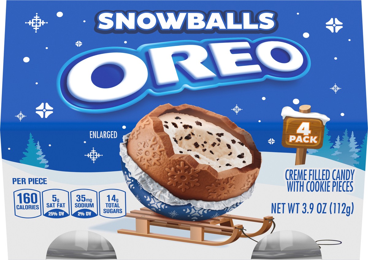 slide 9 of 9, OREO Chocolate Snowballs, Creme Filled Holiday Candy with Cookie Pieces, 4 Pack, 3.95 oz