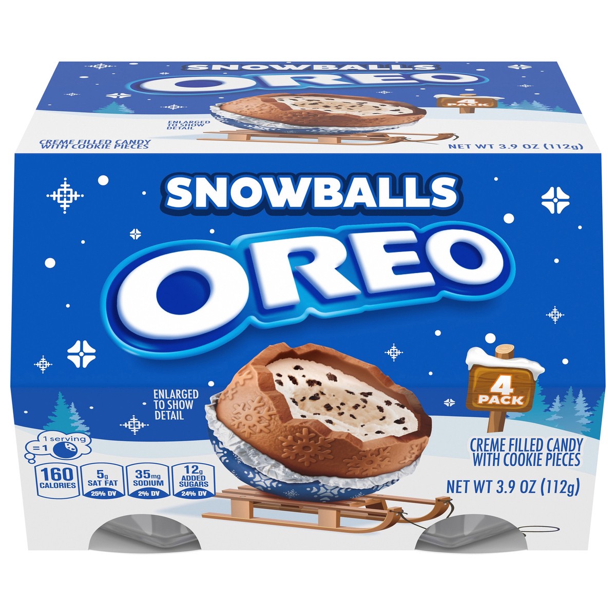 slide 1 of 9, OREO Chocolate Snowballs, Creme Filled Holiday Candy with Cookie Pieces, 4 Pack, 3.95 oz
