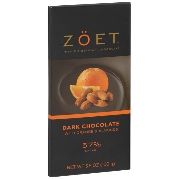 slide 1 of 1, Zöet 57% Cacao Dark Chocolate With Orange & Almonds, 3.5 oz