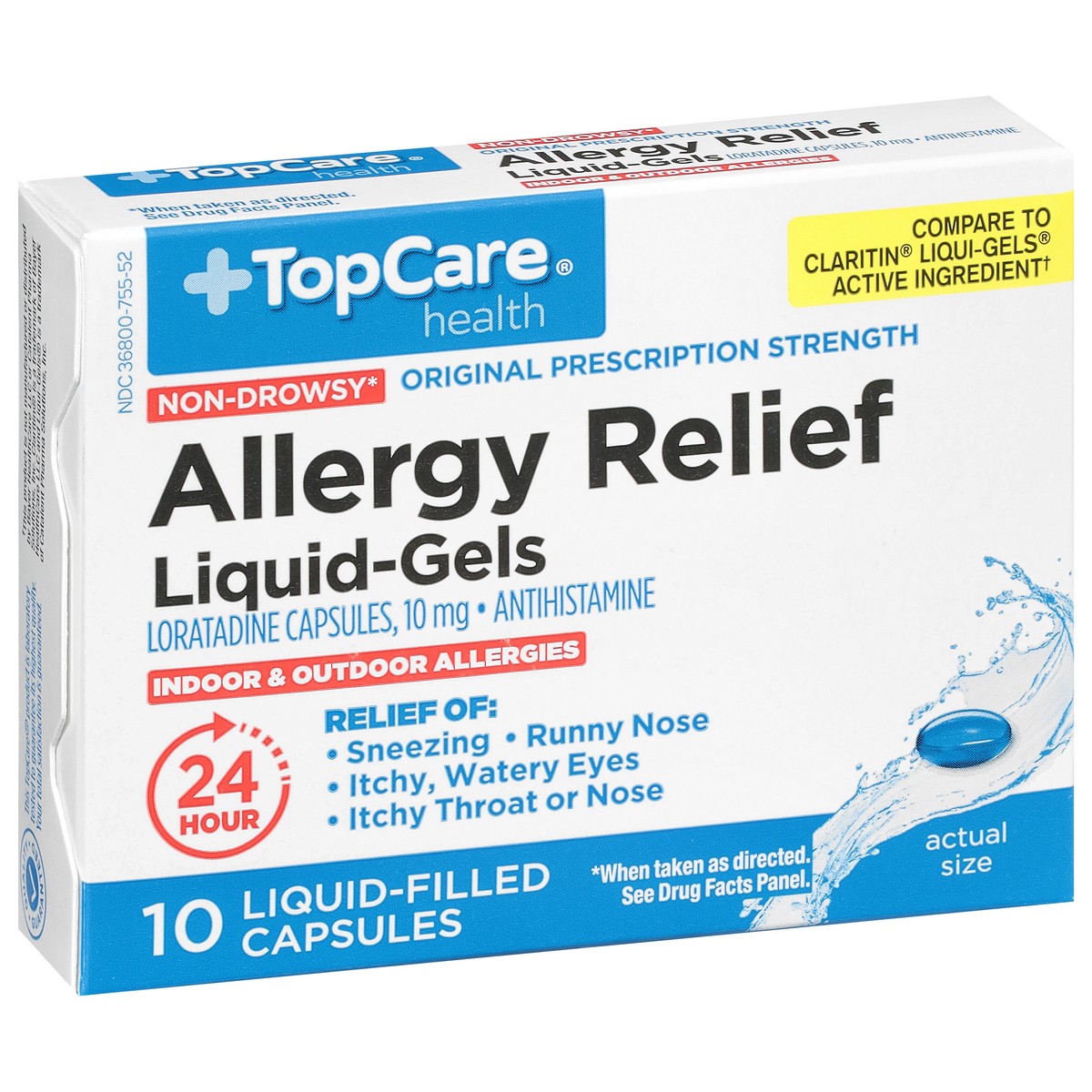 slide 2 of 9, TopCare Health 10 mg Non-Drowsy Original Prescription Strength Allergy Relief 10 Liquid-Filled Capsules, 10 ct