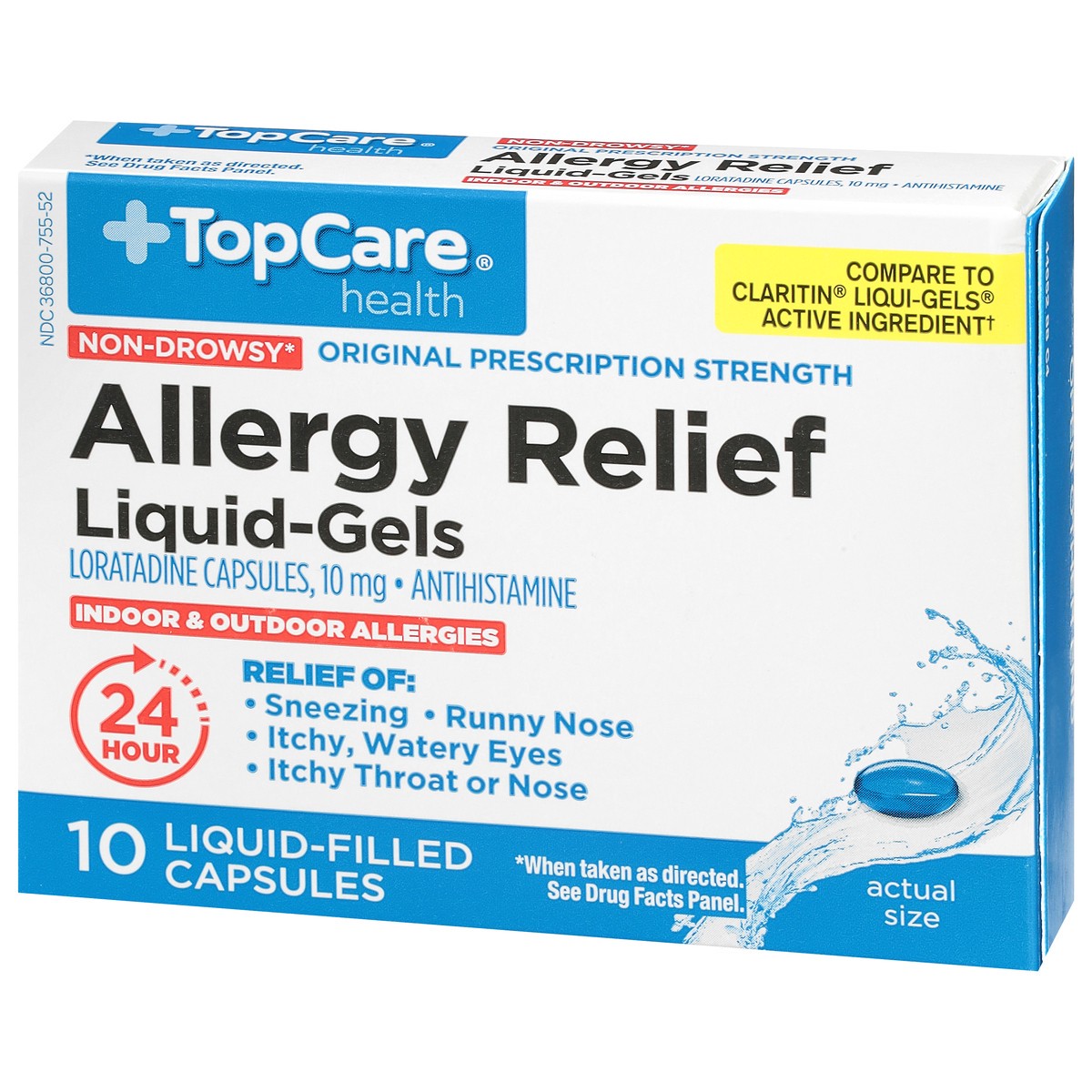 slide 4 of 9, TopCare Health 10 mg Non-Drowsy Original Prescription Strength Allergy Relief 10 Liquid-Filled Capsules, 10 ct