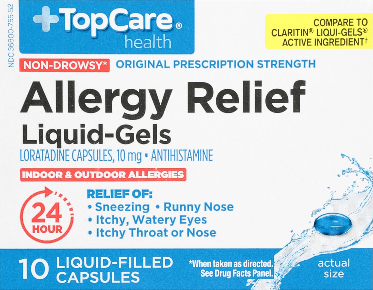 slide 3 of 9, TopCare Health 10 mg Non-Drowsy Original Prescription Strength Allergy Relief 10 Liquid-Filled Capsules, 10 ct