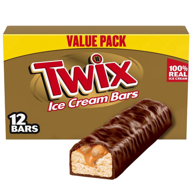 slide 1 of 9, TWIX Ice Cream Bars Vanilla Caramel Chocolatey Cookie Dessert Bar Individually Wrapped, 12 Pack, 1.93 Oz Bars, 23.16 oz
