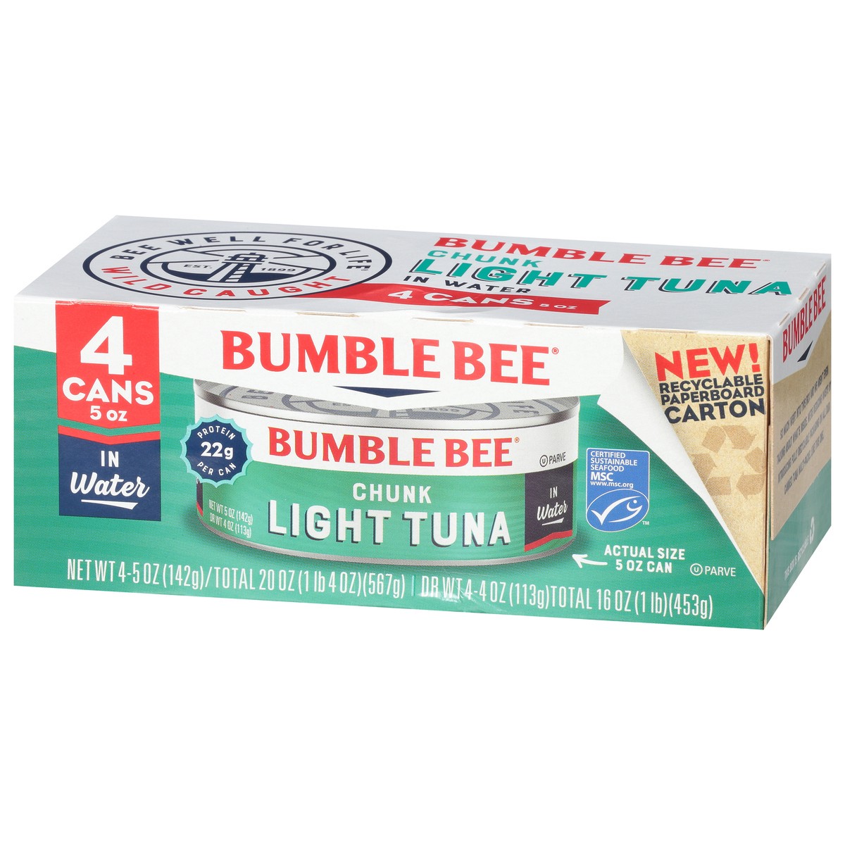 slide 7 of 9, Bumble Bee Chunk Light Tuna in Water 4 - 5 oz Cans, 4 ct