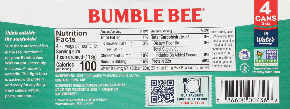 slide 6 of 9, Bumble Bee Chunk Light Tuna in Water 4 - 5 oz Cans, 4 ct