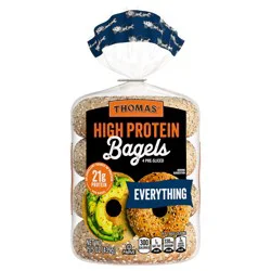 Thomas'' High Protein Everything Bagels, 4 count, 21g Protein, Kosher Bagels, 15.5 oz Bag