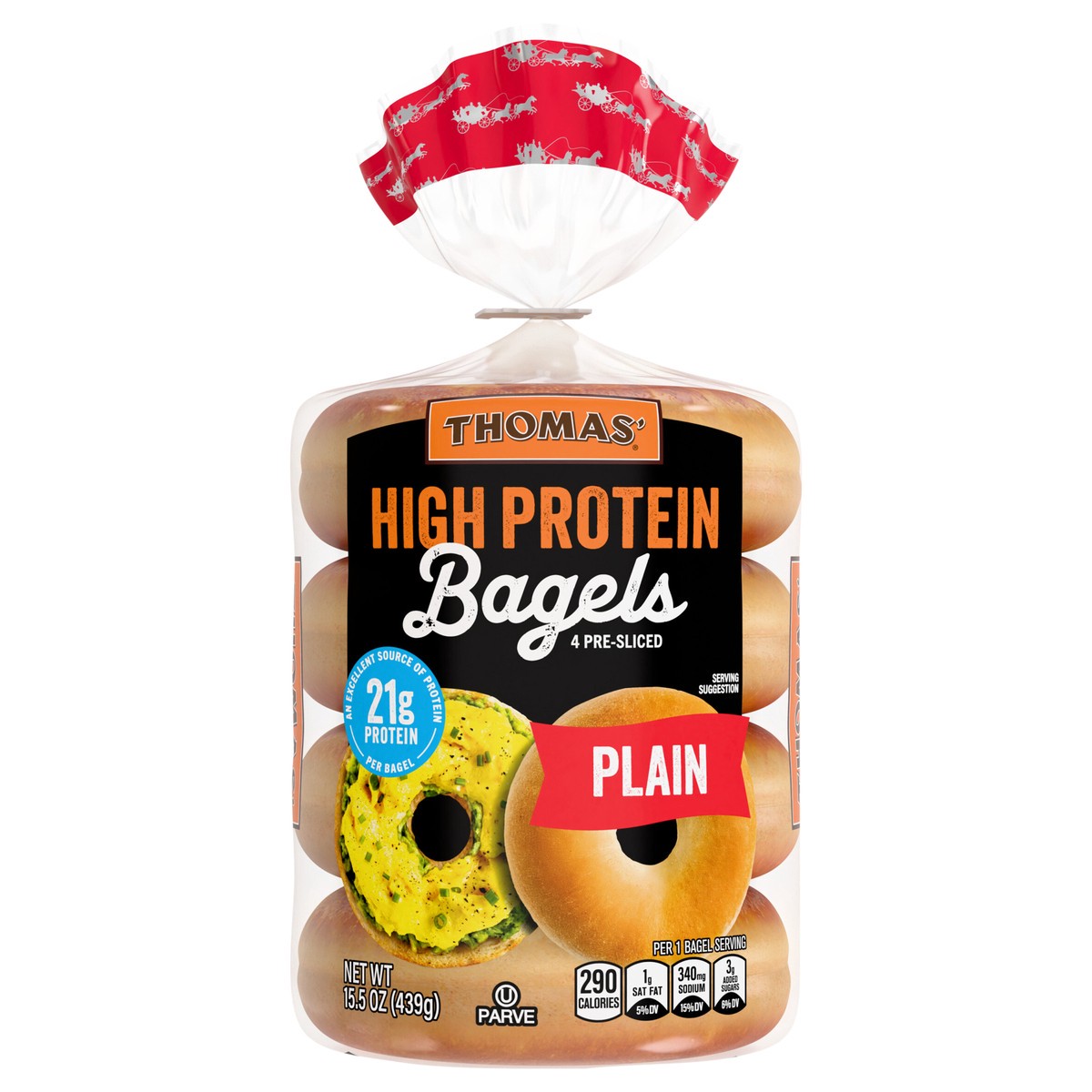 slide 1 of 15, Thomas' High Protein Plain Bagels, 4 count, 21g Protein, Kosher Bagels, 15.5 oz Bag, 4 ct