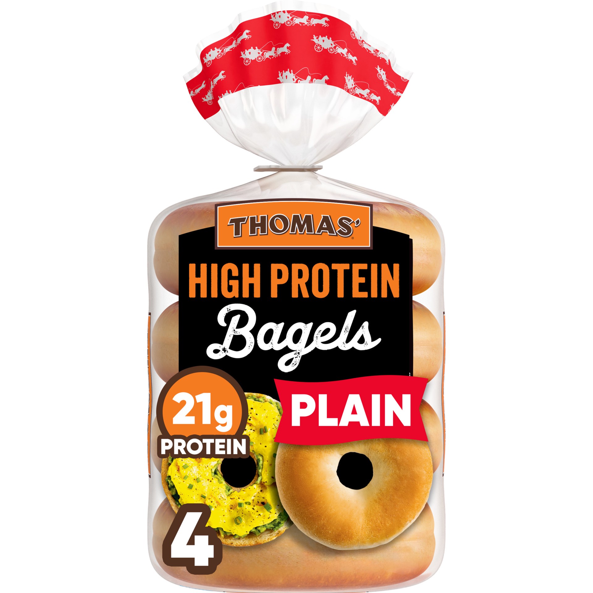 slide 1 of 8, Thomas'' High Protein Plain Bagels, 4 count, 21g Protein, Kosher Bagels, 15.5 oz Bag, 4 ct