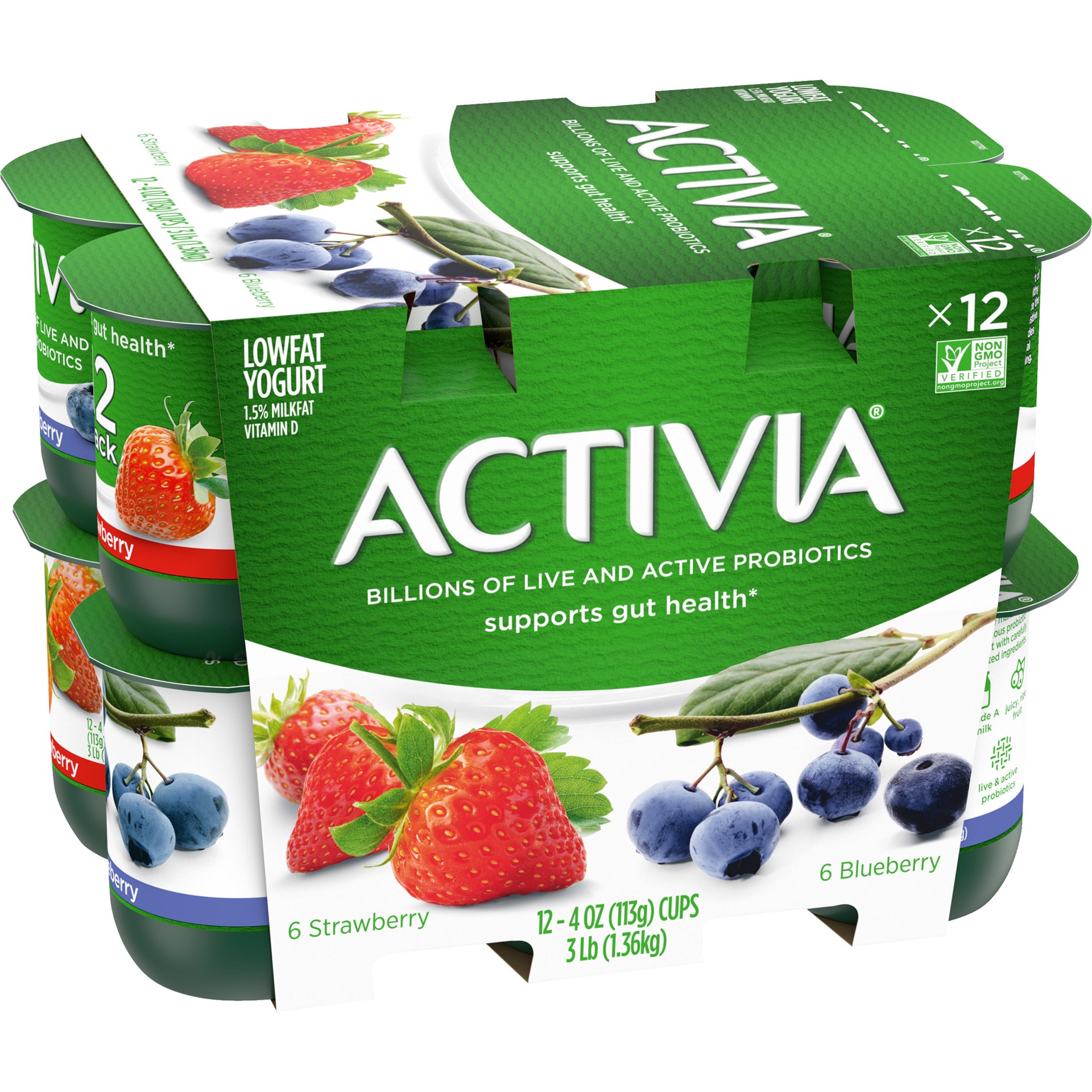 slide 4 of 5, Activia Strawberry and Blueberry Probiotic Yogurt, Delicious Lowfat Yogurt Cups to Help Support Gut Health, 12 Ct, 4 OZ, 
