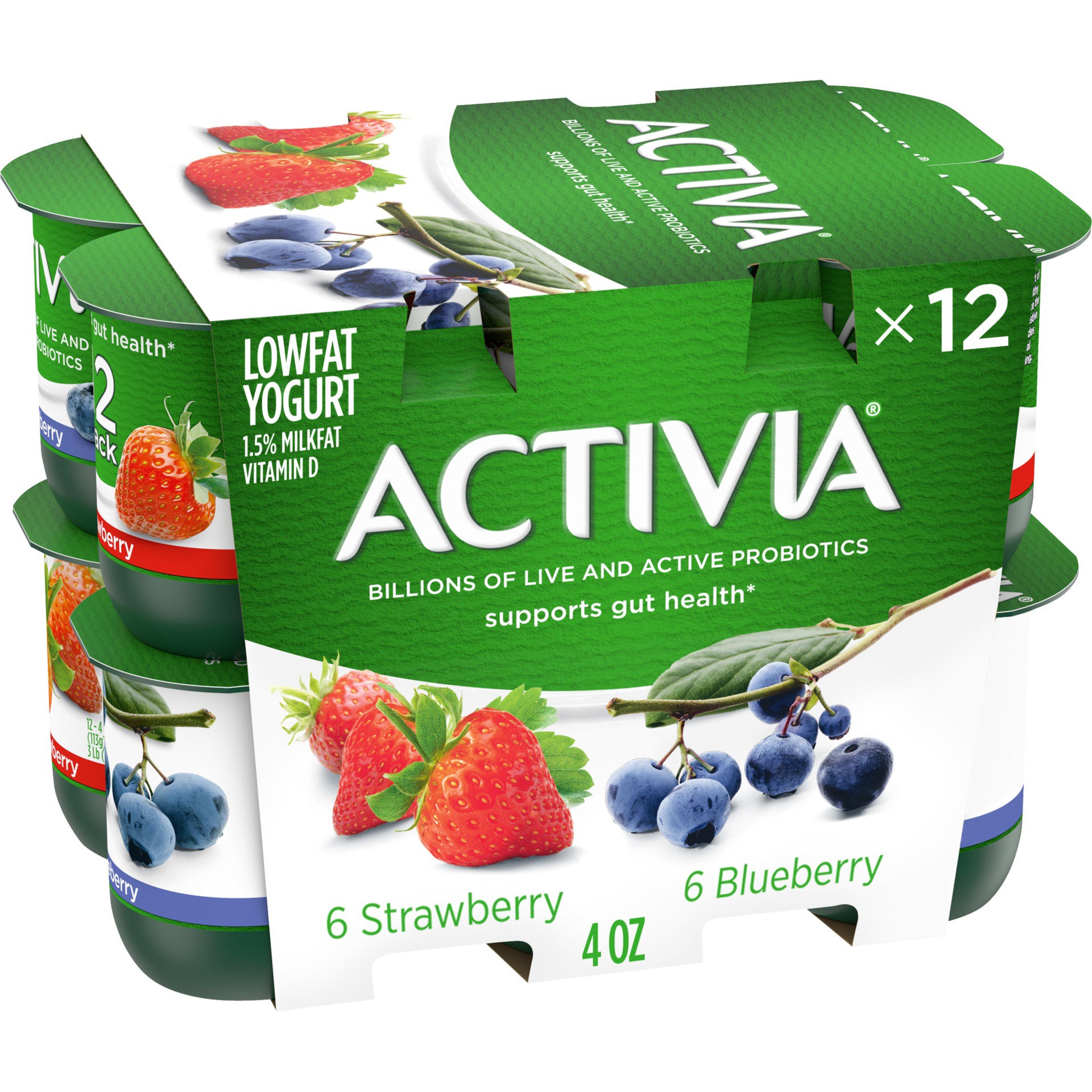 slide 1 of 5, Activia Strawberry and Blueberry Probiotic Yogurt, Delicious Lowfat Yogurt Cups to Help Support Gut Health, 12 Ct, 4 OZ, 