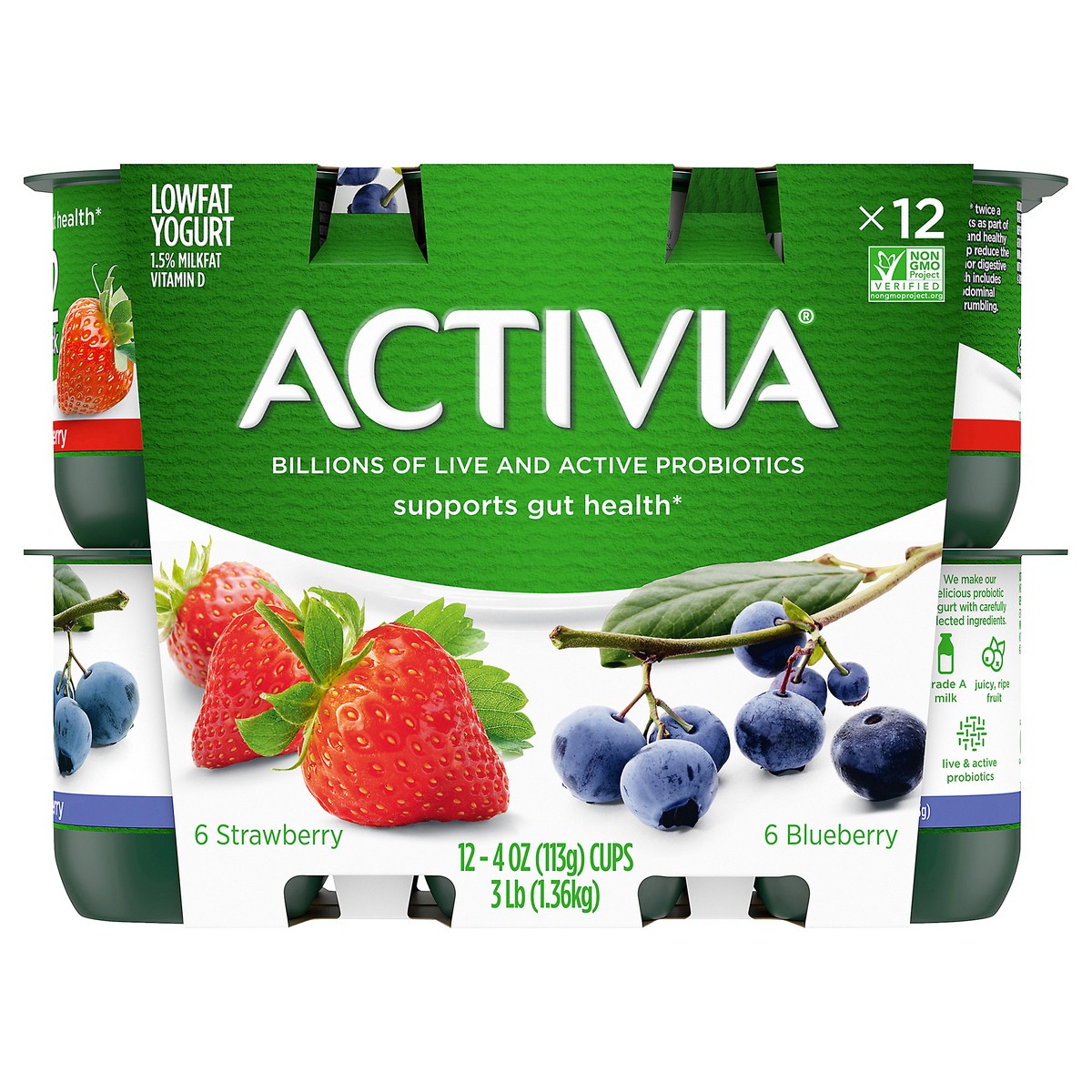 slide 1 of 5, Activia Strawberry and Blueberry Probiotic Yogurt, Lowfat Yogurt Cups, 4 OZ, 12 CT, 12 ct