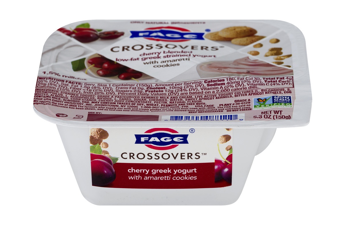 slide 1 of 11, Fage Crossovers Cherry Blended Low-Fat Greek Strained Yogurt With Amaretti Cookies, 5.3 oz